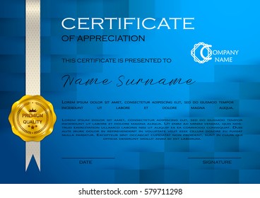 Qualification Certificate of appreciation, geometrical design. Elegant luxury and modern pattern, best quality award template with blue and golden tapes, shapes, badge. Vector illustration