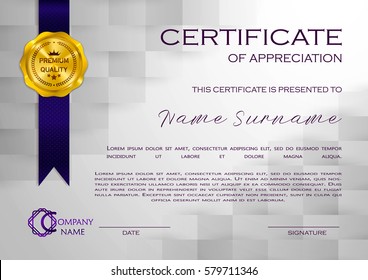 Qualification Certificate of appreciation, geometrical design. Elegant luxury and modern pattern, best quality award template with blue and golden tapes, shapes, badge. Vector illustration
