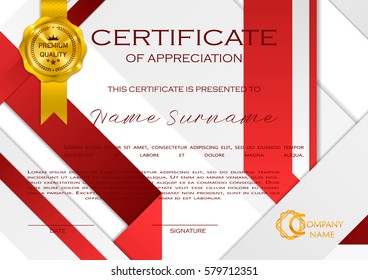 Qualification Certificate of appreciation, geometrical design. Elegant luxury and modern pattern, best quality award template with red and golden tapes, shapes, badge. Vector illustration