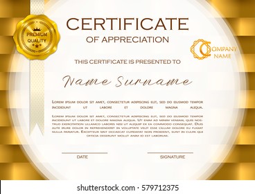 Qualification Certificate of appreciation, geometrical design. Elegant luxury and modern pattern, best quality award template with white and golden tapes, shapes, badge. Vector illustration
