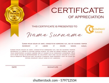 Qualification Certificate of appreciation, geometrical design. Elegant luxury and modern pattern, best quality award template with red and golden tapes, shapes, badge. Vector illustration