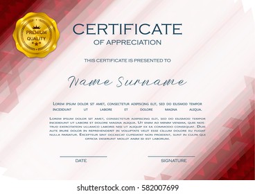 Qualification Certificate of appreciation, geometrical design. Elegant luxury and modern pattern, best quality award template with white and golden tapes, shapes, badge. Vector illustration