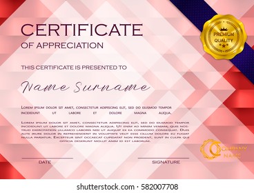 Qualification Certificate of appreciation, geometrical design. Elegant luxury and modern pattern, best quality award template with red and golden tapes, shapes, badge. Vector illustration