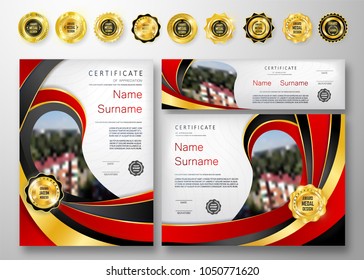 Qualification Certificate of Appreciation Gold Design. Luxury Vip and Modern Certificate Pattern, Best Quality Award Medal Template, Gold Tapes, Shapes. Vector Illustration. EPS 10.