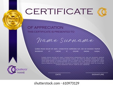 Qualification Certificate of appreciation, minimalist design, halftone. Elegant luxury and modern pattern, best quality award template, white, violet, golden tapes, shapes, badge. Vector illustration
