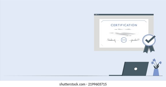 Qualification Certificate Concept.  can be used for onboarding mobile apps, web landing pages, banners, posters. vector-illustration. Online education, courses. Obtaining a diploma, online certificate