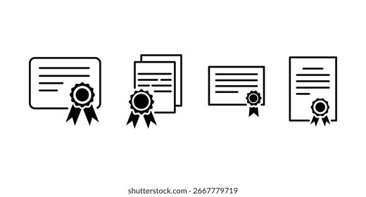 Conjunto de símbolos de vetor de ícone de certificado de qualificação. Certificado com Sinal de Crachá de Licença, Pictograma de Medalha do Vencedor. O Prêmio, Bolsa, Modelo de Coleção de Símbolos de Diploma para design gráfico e web.