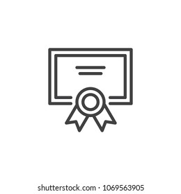 Icono de esquema de certificado de calificación. signo de estilo lineal para concepto móvil y diseño web. Diploma con un icono vectorial de línea de sello. Símbolo, ilustración del logotipo. Gráficos vectoriales perfectos para píxeles