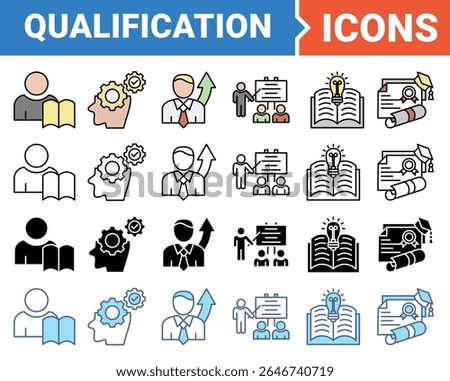 Qualification concept for employee recruitment and positioning icon set with multiple style collection.