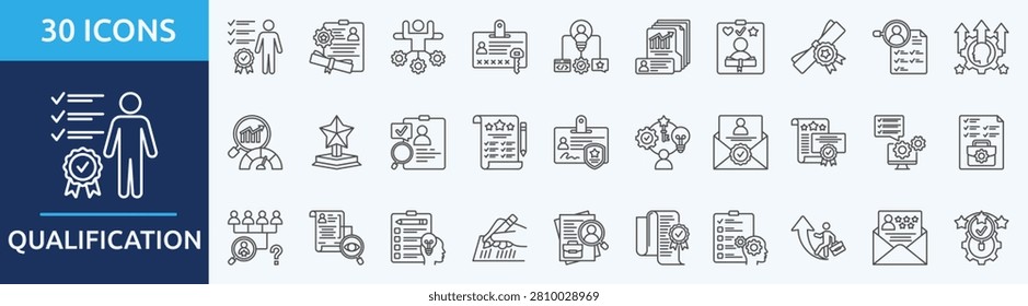 qualification - Icon Collection. Thin outline Set contains such Icons as diploma, skill set, credential, competency, portfolio  and more. Simple web icons set
