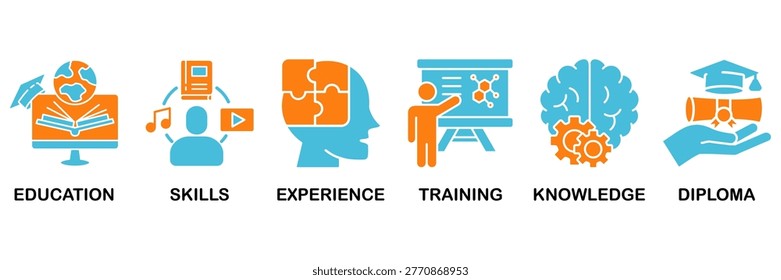 Qualification icon set Aqua Orange Flat Design, Vector Illustration concept relate to icon of employee recruitment and positioning with icon of education, skills, experience, training, knowledge, and diploma