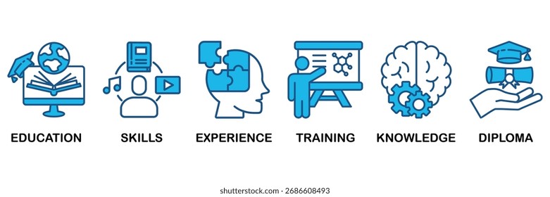 En el diseño plano monocromo azul, el concepto de Ilustración vectorial se relaciona con el ícono de reclutamiento y posicionamiento de empleados con el ícono de educación, habilidades, experiencia, capacitación