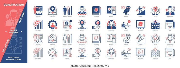 Qualification icon set. Experience, Skill, Training, Education, Theory, Knowledge, Competence, Practice. Duotone color solid and editable outline icons