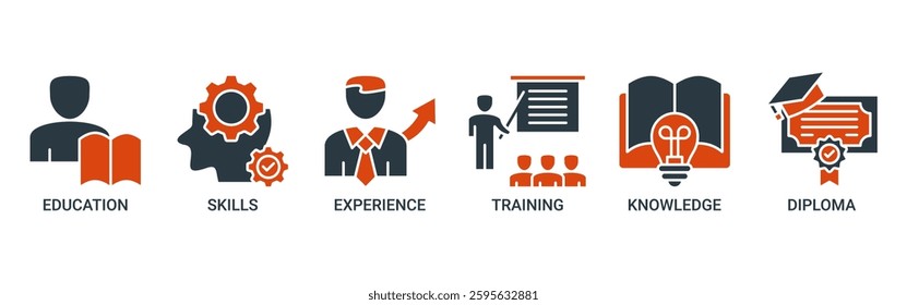 Qualification icon set. Vector illustration concept for employee recruitment and positioning with icon of education, skills, experience, training, knowledge, and diploma icons solid color symbol.