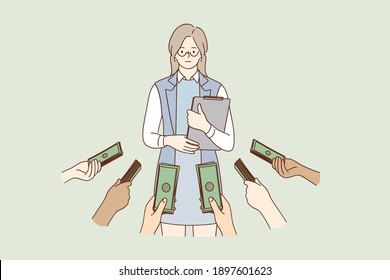 Qualification, skills, opportunity concept. Woman popular specialist cartoon character standing with laptop and getting professional money proposals from different sides vector illustration