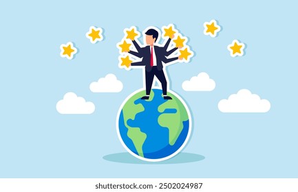Calificaciones necesarias para lograr una calificación alta y excelente en un concepto de negocio de Un hombre de negocios de pie en la Tierra, tratando de atrapar estrellas flotando en el cielo