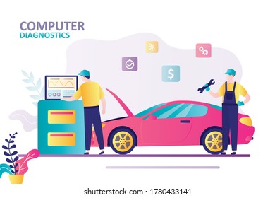 Técnico de automoción cualificado haciendo diagnósticos computacionales de automóviles. Carácter masculino con llave de trabajo en el servicio mecánico automático. Plantilla de banner para taller de reparación de coches. Ilustración vectorial plana