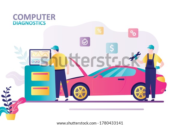 Qualified automotive technician making\
computer diagnostics of automobile. Male character stands with\
wrench work in auto mechanic service. Car repair shop banner\
template. Flat vector\
illustration