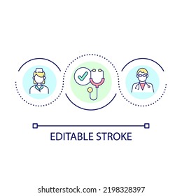 Icono de concepto de bucle de médicos y enfermeras calificados. Profesionales de la medicina formados abstractas ilustraciones de ideas delgadas. Trabajadores altamente calificados. Dibujo de contorno aislado. Trazo editable. Tipo de letra arial utilizado