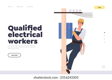 Qualified electrical worker online service landing page with man fixing electricity on power line