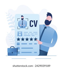 Qualified employee holds an excellent resume. Good portfolio for hiring. Confident man is specialist in search for highly qualified job. Applicant with cv closeup. Flat vector illustration