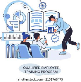 Qualified employee training program. Refresher course metaphor. Help in professional development. Learning for software development and growth. Agile project management team project life scrum meeting