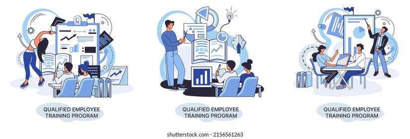 Qualified employee training program. Refresher course metaphor. Help in professional development. Learning for software development and growth. Agile project management team project life scrum meeting