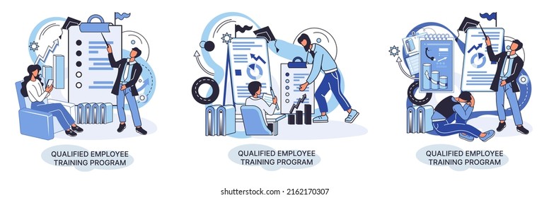Qualified employee training program. Refresher course metaphor. Help in professional development. Learning for software development and growth. Agile project management team project life scrum meeting