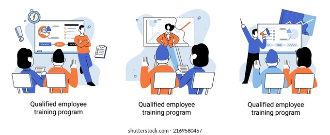 Qualified employee training program. Refresher course metaphor. Help in professional development. Learning for software development and growth. Agile project management team project life scrum meeting