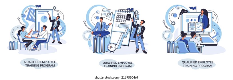 Qualified employee training program. Refresher course metaphor. Help in professional development. Learning for software development and growth. Agile project management team project life scrum meeting