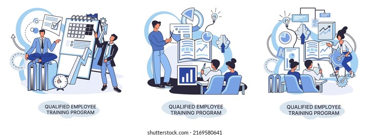 Qualified employee training program. Refresher course metaphor. Help in professional development. Learning for software development and growth. Agile project management team project life scrum meeting