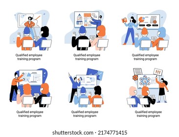 Qualified employee training program. Refresher course metaphor. Help in professional development. Learning for software development and growth. Agile project management team project life scrum meeting