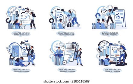 Qualified employee training program. Refresher course metaphor. Help in professional development. Learning for software development and growth. Agile project management team project life scrum meeting