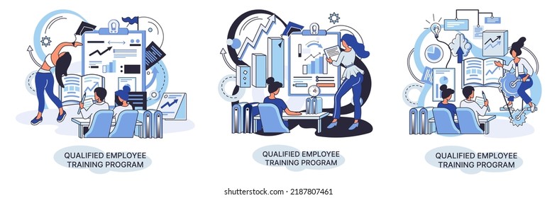 Qualified employee training program. Refresher course metaphor. Help in professional development. Learning for software development and growth. Agile project management team project life scrum meeting