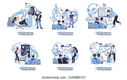 Qualified employee training program. Refresher course metaphor. Help in professional development. Learning for software development and growth. Agile project management team project life scrum