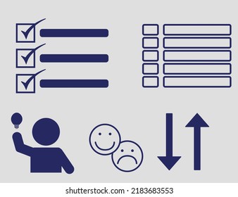 Qualified and empty to-do or wish list. Person having an idea. Expressions of happiness and sadness. Arrows pointing up and down