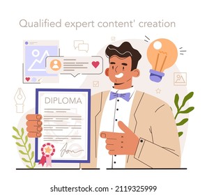 Qualified expert content' creation. Social media content manager guidance. How create visual content. Digital promotion technology. Flat vector illustration