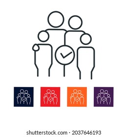 Qualified Family Thin Line Icon Stock Illustration. The Icon Is Associated With A Family Of Four-member. A Checkmark To Represent That They Are Qualified Or Approved. 