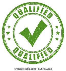 Qualified green tick vector stamp on white background