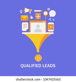Qualified leads - Business lead generation - lead management - Sales funnel flat vector illustration with marketing icons