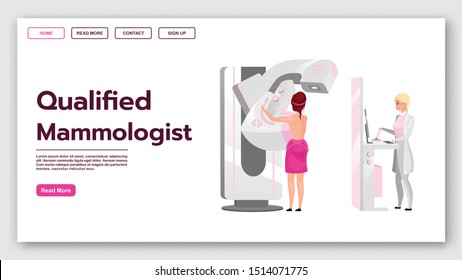 Qualified mammologist landing page vector template. Mammography procedure website interface idea with flat illustrations. Breast cancer diagnostic screening homepage layout, banner, webpage concept