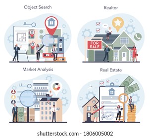 Qualified real estate agent or realtor concept set. Realtor assistance and help in mortgage contract. Real estate searching, market analysis. Vector illustration