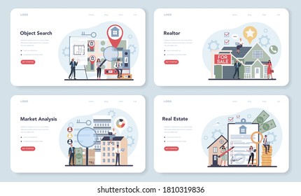 Qualified real estate agent or realtor web banner or landing page set. Realtor assistance and help in mortgage contract. Real estate searching, market analysis. Vector illustration