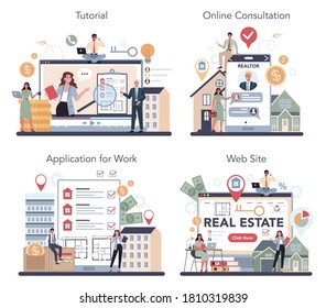 Qualified real estate agent or realtor online service or platform set. Realtor assistance and help in mortgage contract. Online consultation, tutorial, application, website. Vector illustration