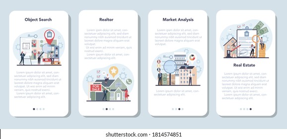 Qualified real estate agent or realtor mobile application banner set. Realtor assistance and help in mortgage contract. Real estate searching, market analysis. Vector illustration