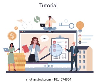 Qualified real estate agent or realtor online service or platform. Realtor assistance and help in mortgage contract. Online tutorial. Vector illustration