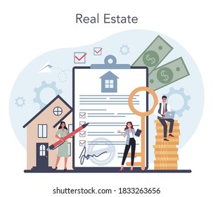 Qualified real estate agent or realtor concept. Realtor assistance and help in mortgage contract. Real estate searching, market analysis. Vector illustration