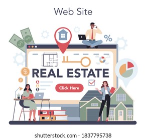 Qualified real estate agent or realtor online service or platform. Realtor assistance and help in mortgage contract. Website. Vector illustration