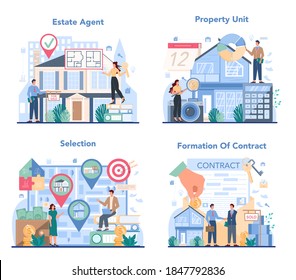 Qualified real estate agent or realtor concept set. Realtor assistance and help in house selection and mortgage contract. Real estate company. Vector illustration