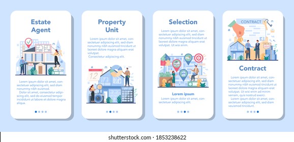 Qualified Real Estate Agent Or Realtor Mobile Application Banner Set. Realtor Assistance And Help In House Selection And Mortgage Contract. Real Estate Company. Vector Illustration